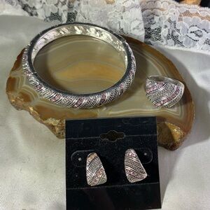 3 PC Set Purpleish Silver Plated Bracelet Ring and Earrings  Set